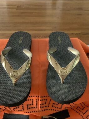 Michael Kors Gold Strap Black Footbed Flip Flop Sandals